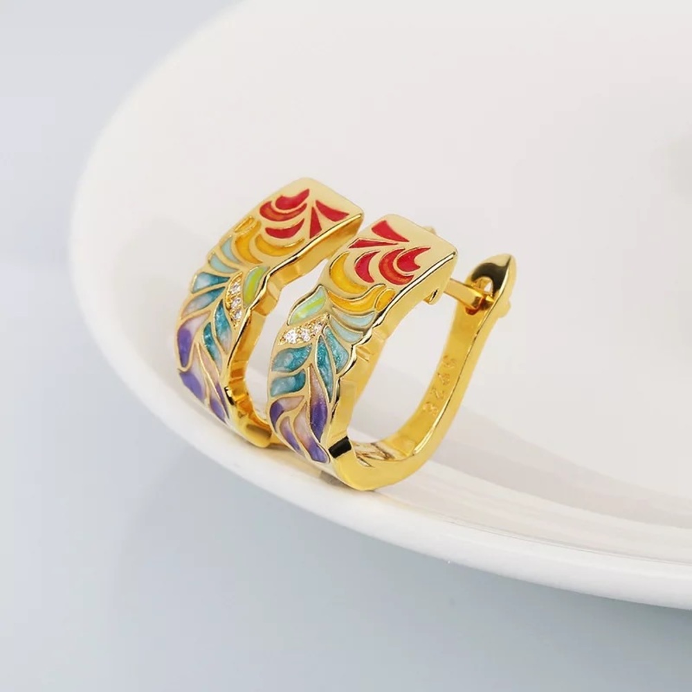 Cat Anthro DOPAMINE Gold Over Silver Enamel Boho Ornament Wide Earrings Jewelry - Picture 16 of 16